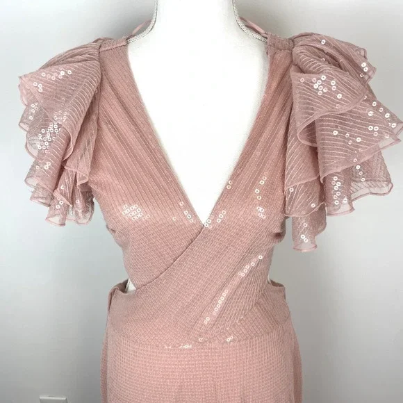 Mac Duggal Sequined Ruffled Cut Out Lace Up Gown In Rose Pink 10829 Size 8 New - Picture 3 of 16